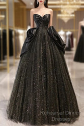 Ball Gown Black Sweetheart Neck Satin Tulle Long Semi Formal Prom Dress